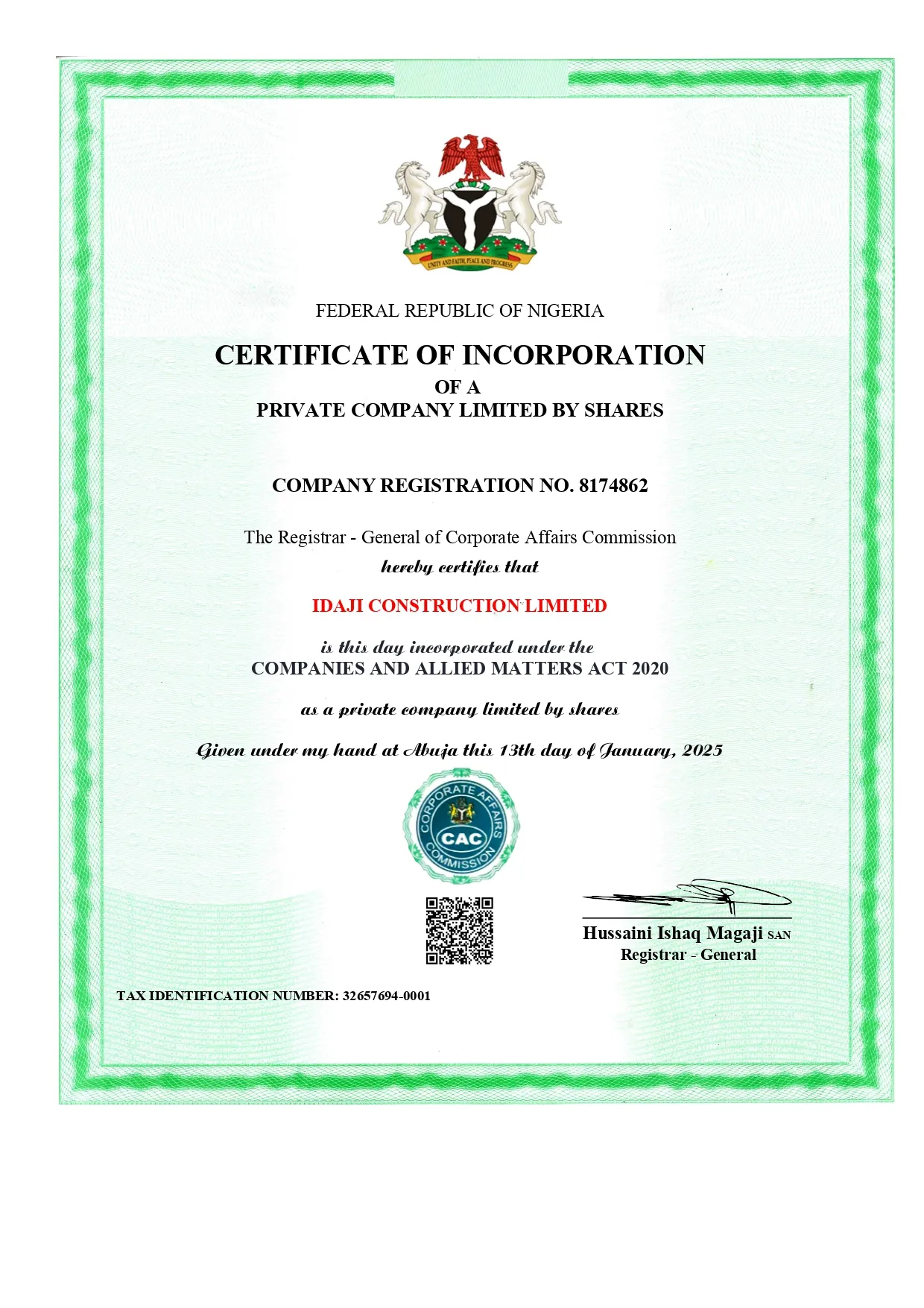 Certificate of Incorporation for IDAJI Construction Limited issued by the Federal Republic of Nigeria.